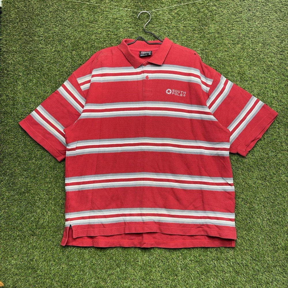 South Pole Polo Shirt Mens XL Red Grey Striped Y2K Street Hip Hop Rugby 2000s